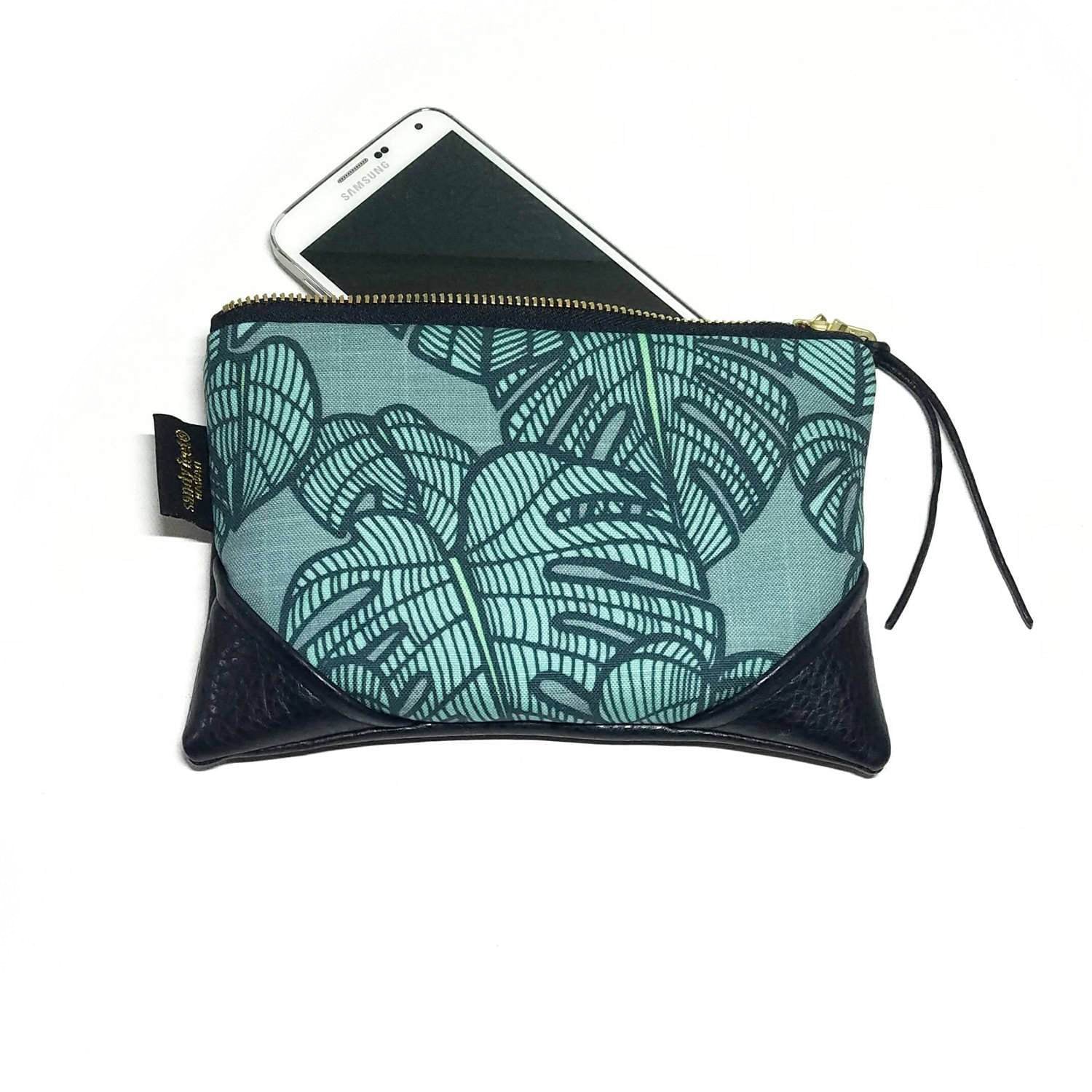 Mini Teal Monstera Zipper Clutch