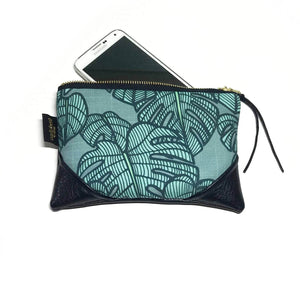 Mini Teal Monstera Zipper Clutch