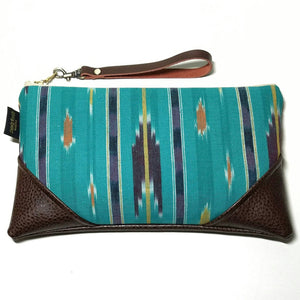 Large Turquoise Teal Ikat Zipper Clutch