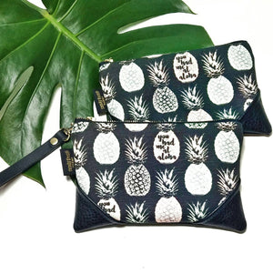 Mini Pastel Lavender & Green Aloha Pineapple x Black Zipper Clutch