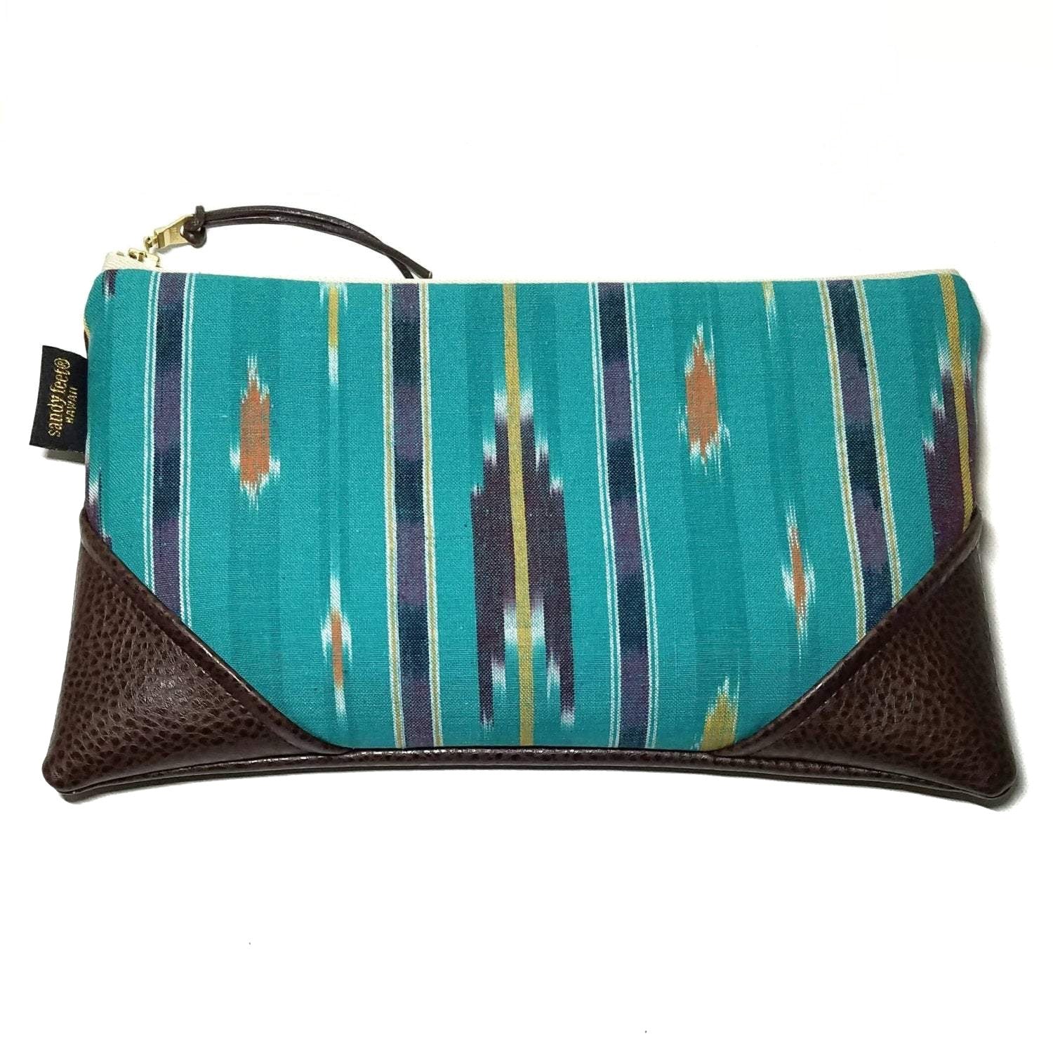 Large Turquoise Teal Ikat Zipper Clutch